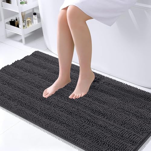 OLANLY Thick Large Bathroom Rugs 45x27, Soft Chenille Bath Rugs, Dark Grey | Absorbent Striped, Rubber Backing, Machine Wash Dry, Bath Mats for Bathroom Floor, Tub and Shower, Home Decor Accessories - color: Dark Grey, size: 45" X 27"