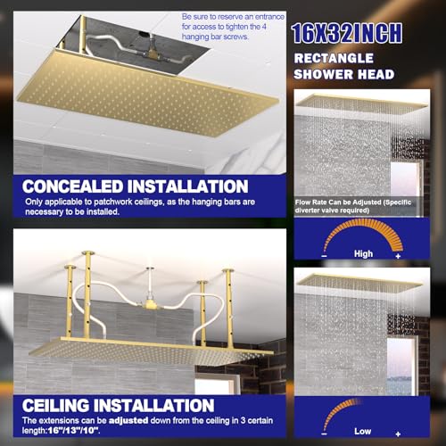 16"X32" Luxury High Pressure Rain Shower Head, Ceiling Mount Rectangle Rainfall Showerhead with Silicone Nozzles Full Body Fixed Showerheads For Modern Bathroom, Brushed Gold Plated Finish - color: Brushed Gold, style: Rainfall(One Function)