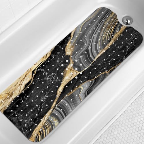 LNOND Marble Bath Tub Mat Non Slip, Extra Long 40 X 16 Inch Anti Slip Mat for Bathtub, Black Gold Luxury Marble Shower Mat with Drain Holes and Suction Cups, Machine Washable - color: Blue White Gold