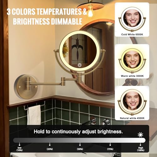 Lighted Wall Mounted Makeup Mirror with Magnification Antique Brass | Bathroom 1X/10X Magnifying, 8-Inch, 3 Color LED Touch Dimmable, Extendable Arm Vanity Shaving, Rechargeable Battery Operated - color: Antique Brass