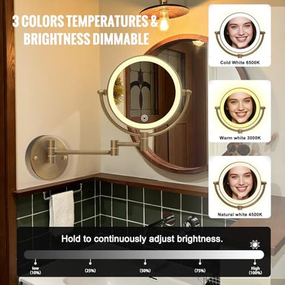 Lighted Wall Mounted Makeup Mirror with Magnification Antique Brass | Bathroom 1X/10X Magnifying, 8-Inch, 3 Color LED Touch Dimmable, Extendable Arm Vanity Shaving, Rechargeable Battery Operated - color: Antique Brass