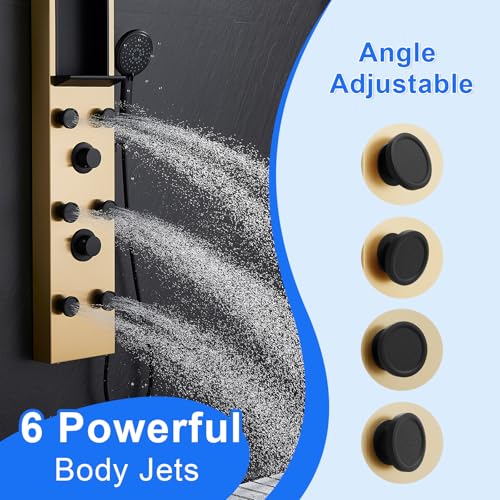 POPFLY Shower Panel Tower System with Shelf, Adjustable Shower Arm Height 8-inch Rainfall Head System, Stainless Steel Shower Panel, 6 Body Jets and 5-Setting Handheld Shower, Brushed Gold - color: 6 Jets with Shelf-Brushed Gold