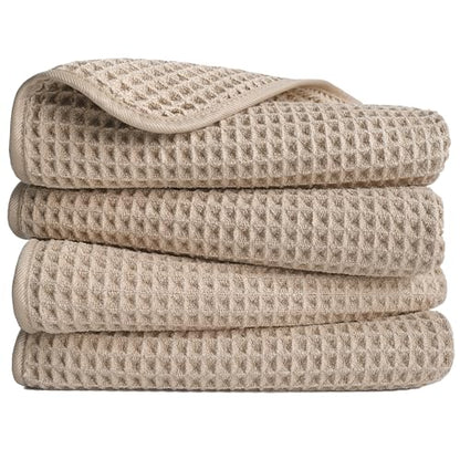 POLYTE 430 GSM Poly Blend Microfiber Quick Dry Waffle Hand Towel, 16x30 in | 4 Pack, Oversize, Lint Free, Quick Dry, Hanging Loop - color: Beige