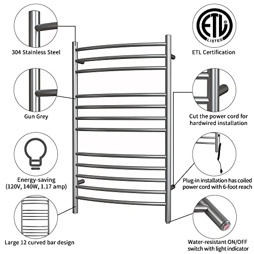 12-Bar Towel Warmer, Heated Towel Rack, Plug-in/Hardwired Gun Grey | 304 Stainless Steel Large 12-Bar Towel Warmer With Plug-In Or Hardwired Installation And Gun Grey Finish - color: Gun Grey