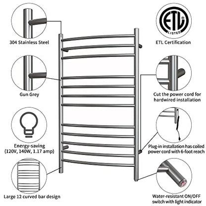 12-Bar Towel Warmer, Heated Towel Rack, Plug-in/Hardwired Gun Grey | 304 Stainless Steel Large 12-Bar Towel Warmer With Plug-In Or Hardwired Installation And Gun Grey Finish - color: Gun Grey