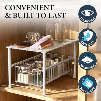Simple Houseware Wired Stackable Under Sink Cabinet Sliding Basket, White | Free Standing Organizer Drawer, Kitchen/Pantry/Cabinet/Counter - color: White
