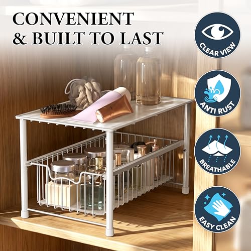 Simple Houseware Wired Stackable Under Sink Cabinet Sliding Basket, White | Free Standing Organizer Drawer, Kitchen/Pantry/Cabinet/Counter - color: White