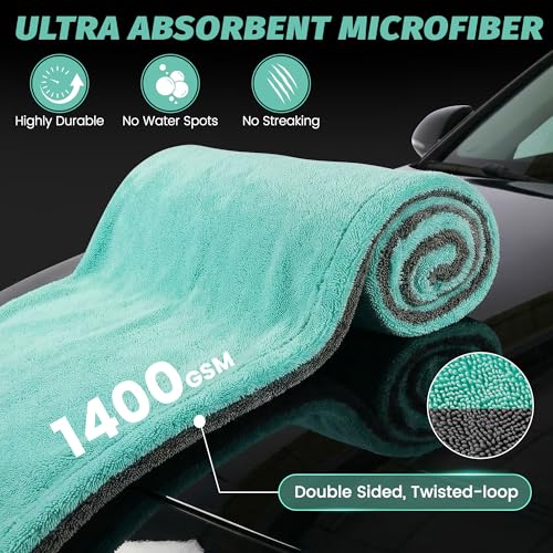 Dual Sided Microfiber Towels (48"x 24") Extra Large Ultra Absorbent Drying Towel for Cars ,Trucks; Without Streaks, Scratches, or Water Spots Double-Twist Pile & Edgeless Design (Aqua blue-Gray)