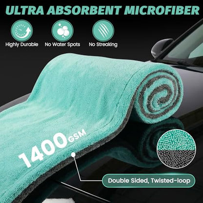 Dual Sided Microfiber Towels (48"x 24") Extra Large Ultra Absorbent Drying Towel for Cars ,Trucks; Without Streaks, Scratches, or Water Spots Double-Twist Pile & Edgeless Design (Aqua blue-Gray)