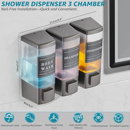 Shower Shampoo Dispenser 3 Chamber No Drill, Grey | Wall Mounted, Large Capacity 3×16.9oz, ABS Plastic Material, Refillable With Labels, For Bathroom Hotel - color: Dm35-grey