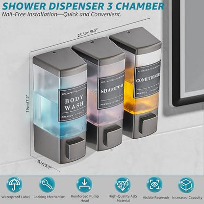Shower Shampoo Dispenser 3 Chamber No Drill, Grey | Wall Mounted, Large Capacity 3×16.9oz, ABS Plastic Material, Refillable With Labels, For Bathroom Hotel - color: Dm35-grey