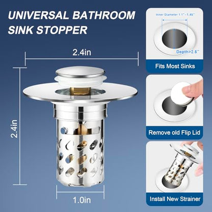2 Pcs Bathroom Sink Drain Strainer, Universal Pop Up Stopper with Removable Stainless Steel Hair Catcher Basket