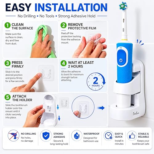 Perlin Electric Toothbrush Holder Wall Mount No Drilling Self Adhesive Toothbrush Organizer Charging Base Stand Waterproof Space Saving Bathroom Storage White
