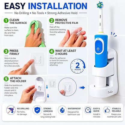 Perlin Electric Toothbrush Holder Wall Mount No Drilling Self Adhesive Toothbrush Organizer Charging Base Stand Waterproof Space Saving Bathroom Storage White