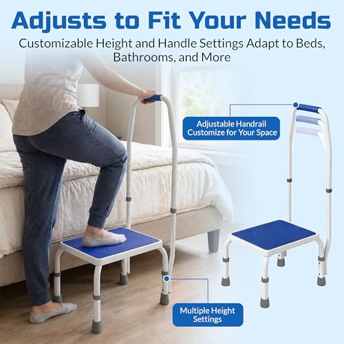Platinum Health AdjustaStep BARIATRIC Deluxe Step Stool/Footstool with Handle/Handrail, Height Adjustable. 2 Products in 1. Modern White/Blue Design. Padded Non-Slip Handle. 750lb Capacity. - size: 750 lb. Capacity - 1 Step