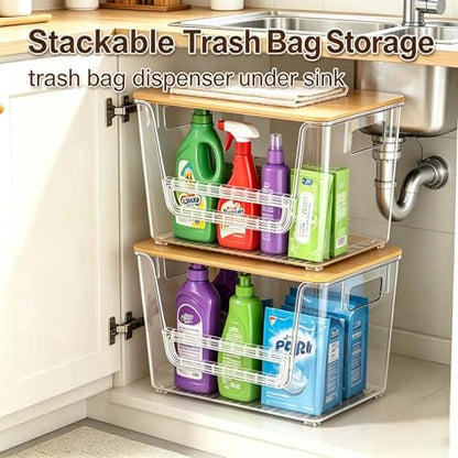 2-Pack Trash Bag Holder Dispenser with Bamboo Lid | Stackable Dispenser, Clear Plastic Organizer for Under Sink, Kitchen, Pantry, Laundry Room, Fits 13, 30, 33 Gallon Bags - size: 2 Pack