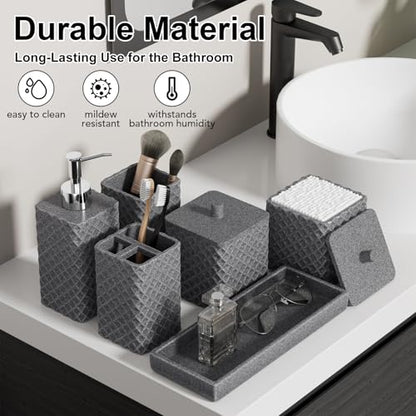 Bathroom Accessories Set Resin 6PCS, Square Toothbrush Holders Set Complete with Soap Dispenser, Vanity Tray, Tumbler, Cups and Cotton Swab Jars (Gray Diamond, Resin Bath 6 PCS) - color: Gray Diamond