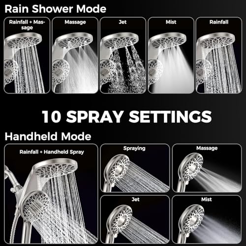 High Pressure Rain Shower Head with Handheld Spray Combo | Detachable Dual Shower Head with 10 Sprays Modes - Upgrade Knob Spray Mode Selector and Magnetic Guidance Docking System - color: Brushed Nickel