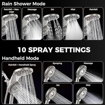 High Pressure Rain Shower Head with Handheld Spray Combo | Detachable Dual Shower Head with 10 Sprays Modes - Upgrade Knob Spray Mode Selector and Magnetic Guidance Docking System - color: Brushed Nickel