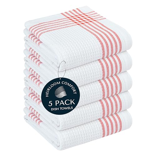 Red and White Waffle Weave Kitchen Towels 5 Pack, 16x26 Inch, Cotton Dish Towels with Hanging Loop, Quick Dry, Absorbent, Machine Washable, Durable for Kitchen & Cleaning - color: Red, White, style: 5 Pack