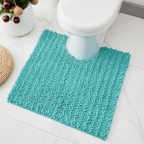Toilet Rugs U-Shaped Mat 24x24, Contour Bathroom Mat - Ultra Soft & Absorbent Chenille, Quick-Dry, Machine Washable with Non Slip Barrier Backing, Teal - color: Teal Blue, size: 24" X 24"(Toilet Rug)
