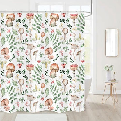 Mushroom and Fern Leaves Shower Curtain, Waterproof Fabric Cute Plant Botanical Bathroom Shower Curtain, 72 x 72 Inch - color: White Mushroom, size: 72"W x 72"L (Pack of 1)