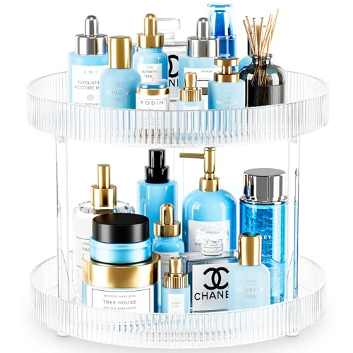 360° Clear Rotating Storage Tray, 2 Tier Lazy Susan Bathroom Countertop Organizer, Cosmetics and Perfume Organizer, Spinning Storage Tray Vanity Organizer Shelf for Bathroom Cabinet, Kitchen(Medium) - size: 2 Tier / 9.25Inch
