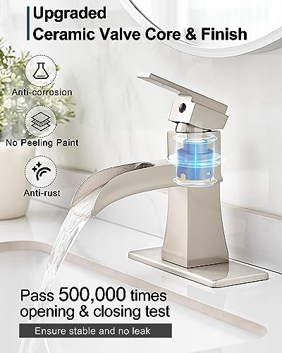 Waterfall Bathroom Sink Faucet, Brass Brushed Nickel Bathroom Faucet One Handle, 4 Inch Single Hole or 3 Holes with Pop-Up Drain, Supply Hoses & Deck Plate for Vanity Lavatory RV, 5 Mins Install - color: Brushed Nickel