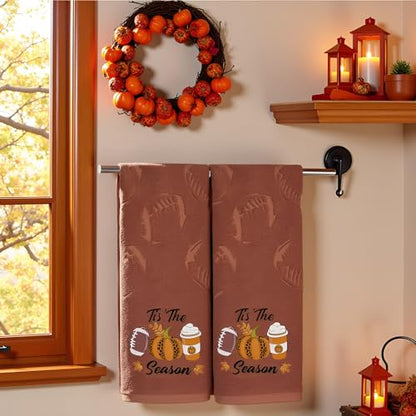 2 Pack Fall Hand Towel Jacquard Embroidered Cotton Kitchen Towels Farmhours Thankful Bath Towels Set Thanksgiving Bathroom Decor (Brown Football, 2*Hand Towel) - color: Brown Football