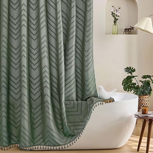 Siiluminisoy Boho Extra Long Sage Green Shower Curtain with Tassel, Woven Fabric, Tufted Chevron Striped, 72 x 78, Modern Chic Textured Minimalist - color: A Sage Green, size: 72"W x 78"L (Pack of 1)