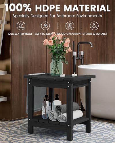 SERWALL Shower Bench, 18" Shower Stool for Inside Shower, HDPE Waterproof Shower Seats for Adults with Storage Shelf & Handles, 360 lbs Capacity- Black - color: Black