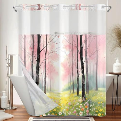 No Hook Woodland Shower Curtain with Snap in Liner, 71x74 Inch | Mesh Top & Double Layer Waterproof Bath Curtain, Whimsical Pink Blossom Trees & Wildflower Meadow Design for Girls Bathroom - color: Trees and Wildflowers
