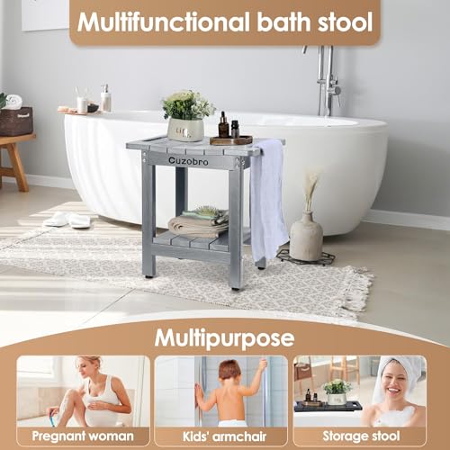 HDPE Fishing stools for Inside Shower – Waterproof, Durable Fishing Chair and Stool for Adults – Complete with Storage Shelf & Adjustable Feet – Supports 300 lbs for Bathroom & Bathtub, Gray