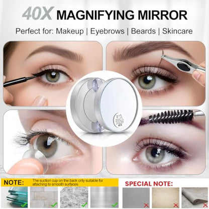 LED Lighted Tweezers & 40X Magnifying Mirror with Suction Cup Set, 2 in 1 No-Hands Makeup Mirror with Light and Precision Light Up Tweezers(Silver) - color: Silver