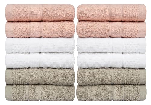 Pleasant Home Chevron Wash Cloths Set - 12 Pack (12” x 12”) – 509 GSM - 100% Ring Spun Cotton Wash Cloth - Super Soft and Highly Absorbent Face Towels (Blush, White & Tan) - color: Blush, White & Tan, style: Chevron