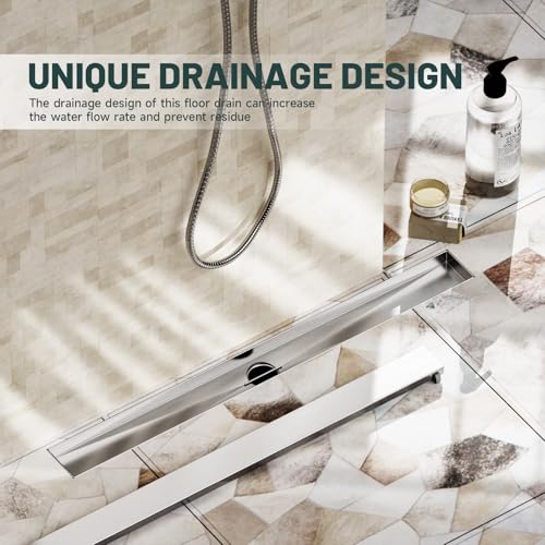 28 Inch Linear Shower Floor Drain, Stainless Steel | Bathroom Floor Drains, Rectangular Shower Trench Floor Drain, Hair Strainer, Brushed Nickel