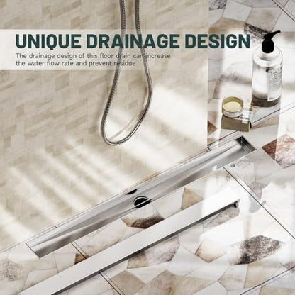 28 Inch Linear Shower Floor Drain, Stainless Steel | Bathroom Floor Drains, Rectangular Shower Trench Floor Drain, Hair Strainer, Brushed Nickel