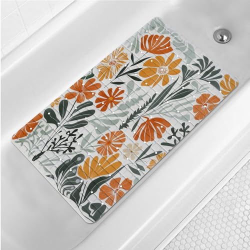 Boho Floral Non Slip Bath Tub Mat Rustic Flower Shower Mat Anti Slip Bathtub Mat Abstract Botanical Bath Mat for Tub with Suction Cups and Drain Holes Bohemian Soft Shower Mat 15x27 Bathroom Decor - color: Boho Flower