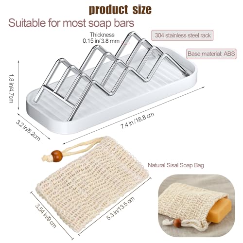 Thick Stainless Steel Soap Holder with 2 Soap Saver Bags, Self-Draining Shampoo Bar Holder with Removable Drip Tray, 304 Rustproof Quick-Drying Soap Dish for Bathroom Counter, Kitchen Sink & Shower