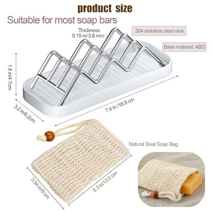Thick Stainless Steel Soap Holder with 2 Soap Saver Bags, Self-Draining Shampoo Bar Holder with Removable Drip Tray, 304 Rustproof Quick-Drying Soap Dish for Bathroom Counter, Kitchen Sink & Shower