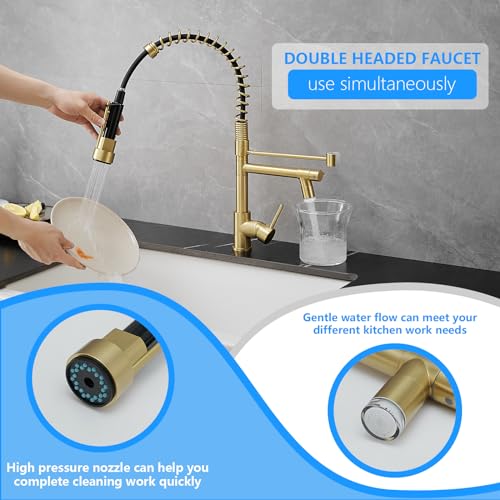 Gold Kitchen Faucet with Sprayer AIMADI,Modern Single Handle Spring Gold Kitchen Sink Faucet - color: Brushed Gold, style: with LED Sprayer
