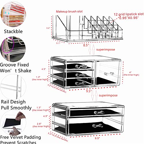 Cq acrylic 3 Pack Clear Makeup Organizer Countertop, Stackable 6 Drawers Skincare Organizer,Cute Skin Care Organizer for Vanity Hair Clip,Jewelry,Beauty Product Desk and Make Up Organizers for Vanity - size: 6 Drawers