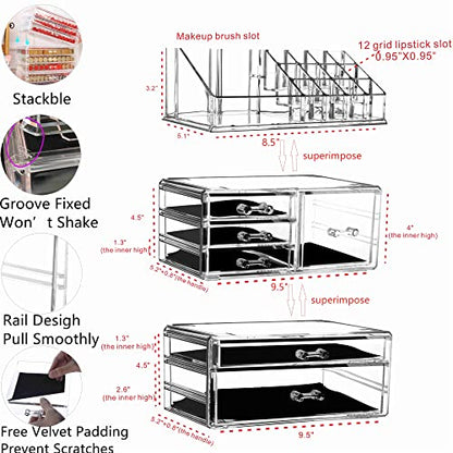 Cq acrylic 3 Pack Clear Makeup Organizer Countertop, Stackable 6 Drawers Skincare Organizer,Cute Skin Care Organizer for Vanity Hair Clip,Jewelry,Beauty Product Desk and Make Up Organizers for Vanity - size: 6 Drawers