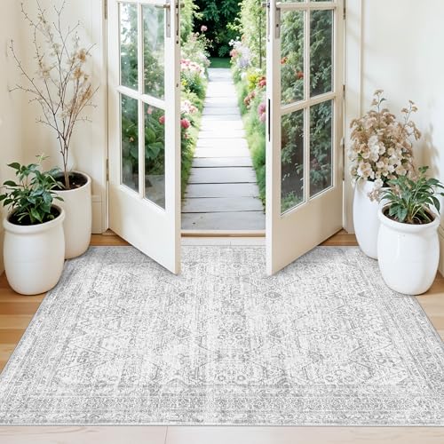 3x4 Washable Rug Entryway: Small Non Slip Front Door Mat with Rubber Backing for Bathroom Kitchen Indoor Entrance, Neutral Boho Low Pile Vintage Area Rug for Bedroom (Grey/Ivory 3ft x 4ft) - color: Grey, size: 3' x 4' (Rectangular)