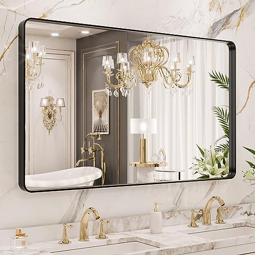 LOAAO 40x24 Inch Black Bathroom Mirror Metal Framed | Matte Black, Rounded Rectangle, Anti-Rust, Hangs Horizontally or Vertically - color: Black, size: 40"L x 24"W