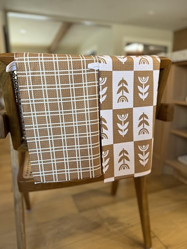 Kitchen Towels, Dish Towels for Kitchen, 2 Pc Kitchen Towel Set | Microfiber Waffle Towels, 16 x 26 inches, with Hanging Loops, Reusable Tea Towels, Cute Kitchen Towels - 2 Pack - color: Tan Checkered