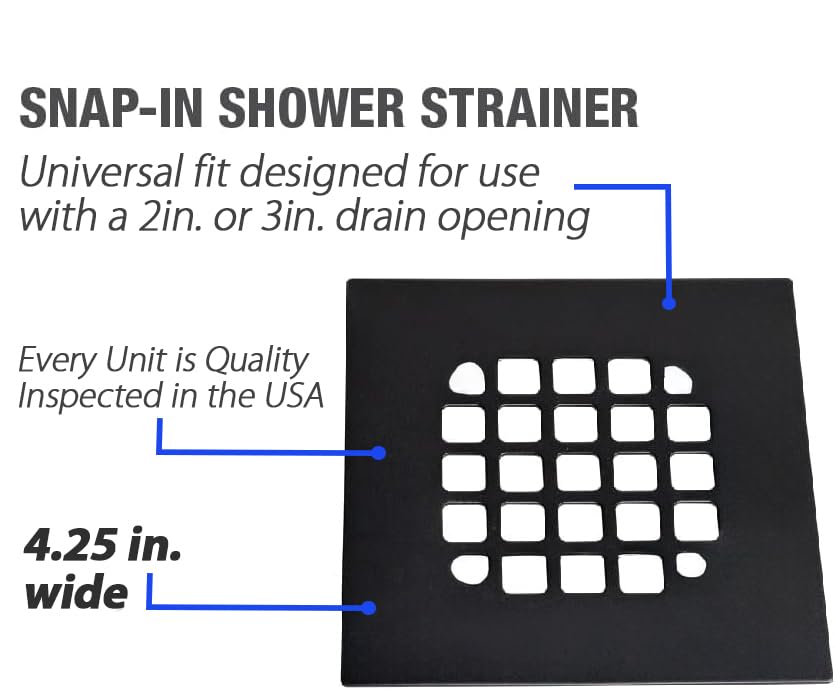 4-1/4” Square Snap-in Matte Black Shower Drain - Stainless Steel Replacement - 4.25 inch Durable Floor Cover -Snap-in - Easy Installation Universal Grate Strainer - color: Black