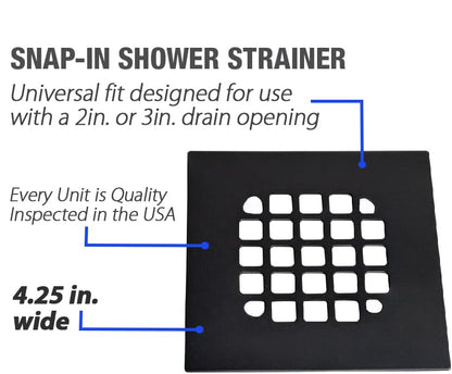 4-1/4” Square Snap-in Matte Black Shower Drain - Stainless Steel Replacement - 4.25 inch Durable Floor Cover -Snap-in - Easy Installation Universal Grate Strainer - color: Black