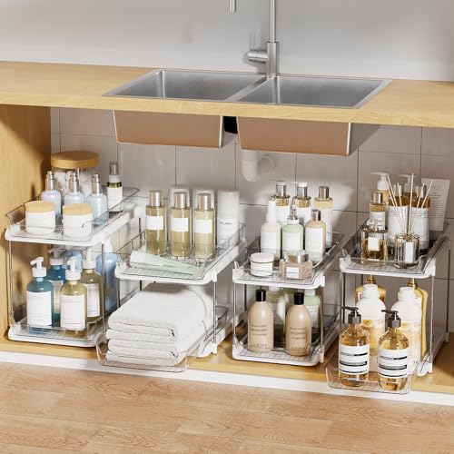 Delamu 2-Tier Multi-Purpose Bathroom Under Sink Organizers and Storage, Stackable Kitchen Pantry Organization, Pull Out Medicine Cabinet Organizer with Movable Dividers, White, 4Pack - color: White, size: 4 Pack