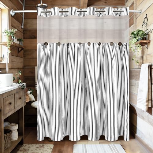 ASPMIZ Farmhouse Striped Shower Curtain and Liner Set No Hook, Black 71x74 | No Hook Shower Curtain with Snap in Liner Fabric, Rustic Washable Waterproof Bathroom Curtains with Button, Mesh Top Window - color: Black Striped, size: 71"W x 74"L (Pack of 1),